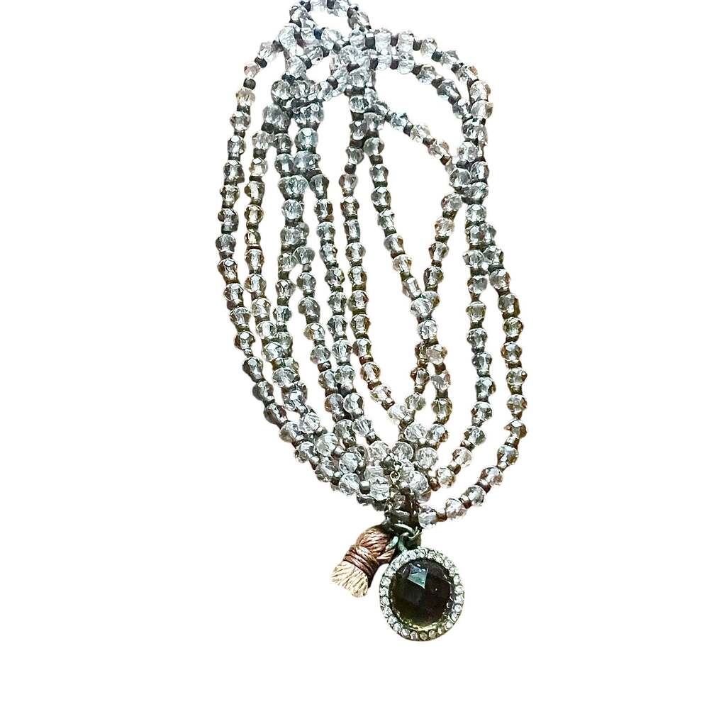 Multistrand clear boho beaded stretch bracelet with fringe tassel and charm